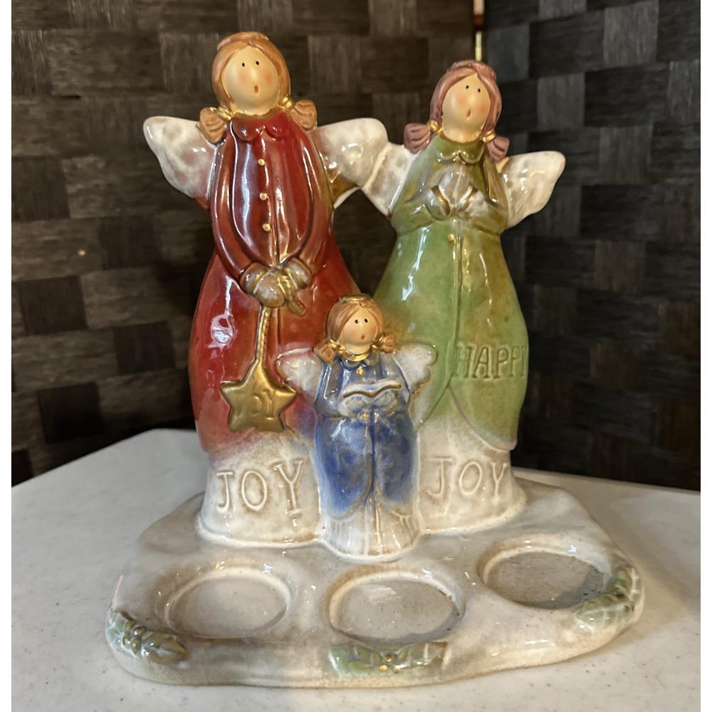 Happy Happy Joy Joy Ceramic Angels Candle Holder Glazed Ceramic‎ Christmas Decor